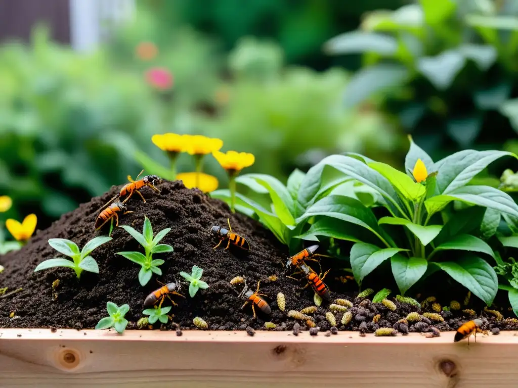 Un jardín exuberante con plantas vibrantes y flores coloridas en un lecho de compostaje