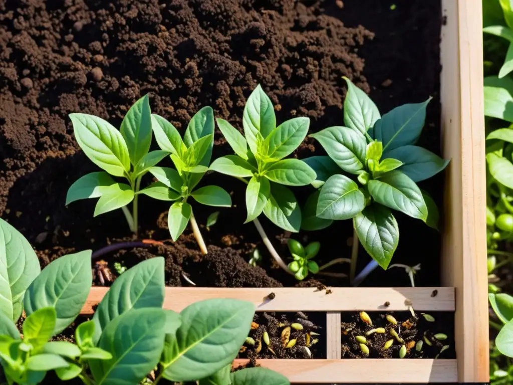 Jardín exuberante con suelo enriquecido por técnicas de compostaje en casa, rebosante de vida vegetal y vitalidad natural