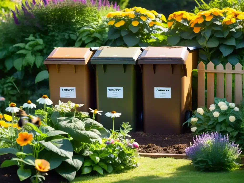 Jardín sostenible: compostaje doméstico en armonía Jardín exuberante con técnicas de compostaje doméstico sostenible, armonía natural con abejas y mariposas