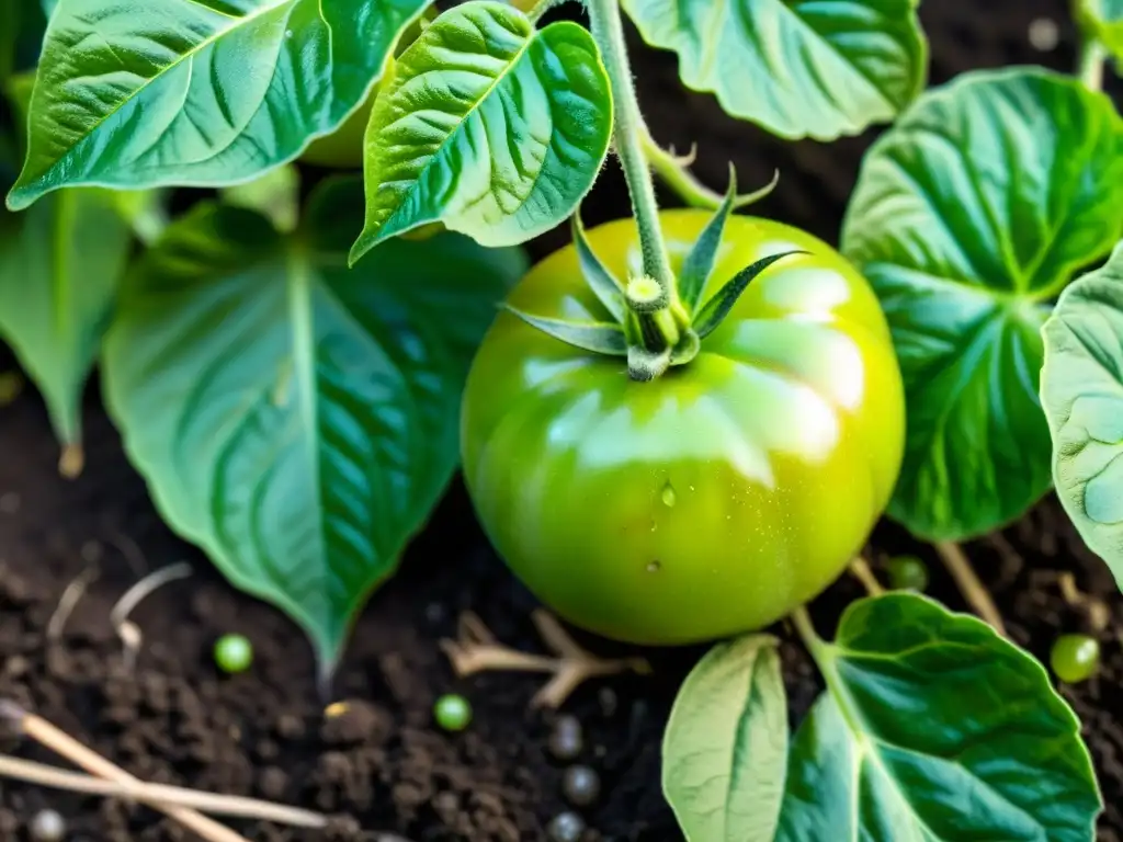 Un exuberante tomate en jardín orgánico, con redes de raíces en compostaje, hojas brillantes y tomates maduros