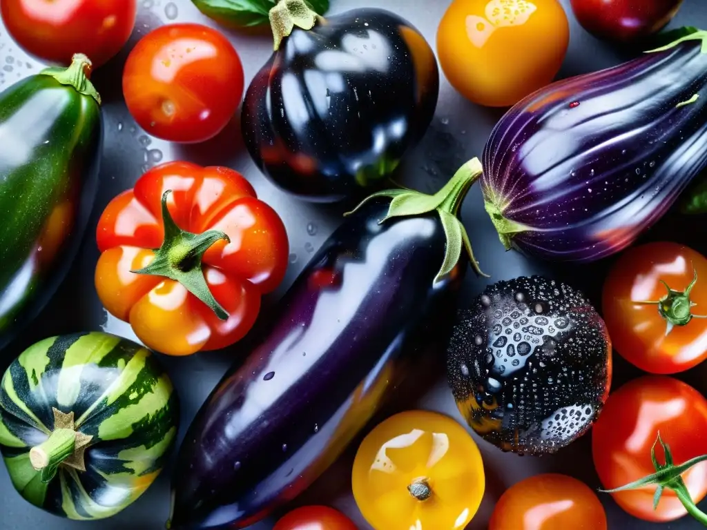 Una exuberante variedad de frutas y verduras recién recolectadas con gotas de agua