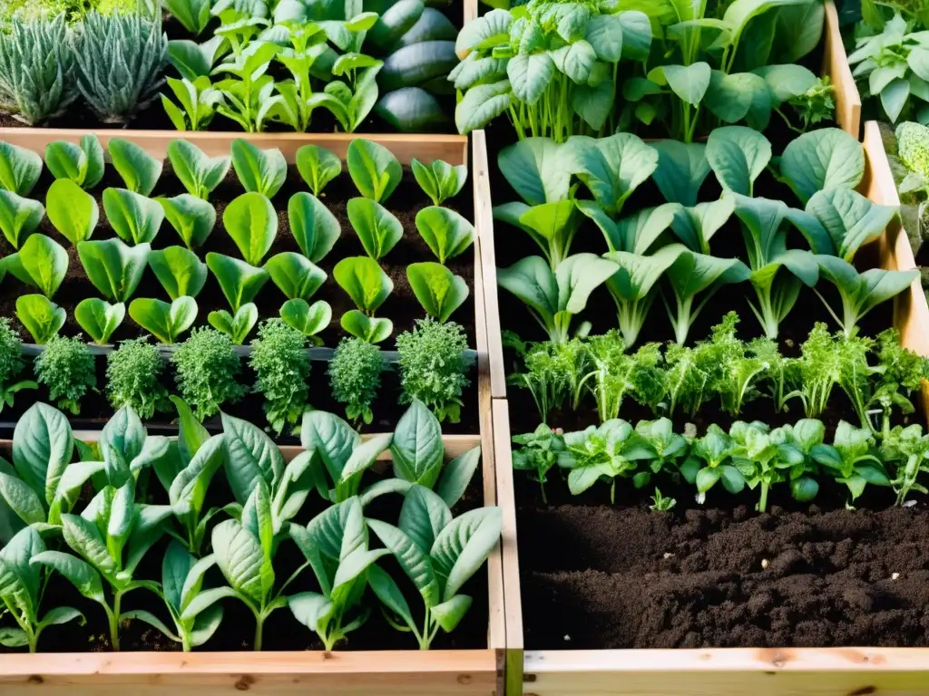 Un jardín exuberante con vegetales y flores, iluminado por el sol, destaca los beneficios del lombricompostaje en suelo