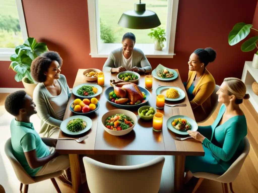 Una familia disfruta de una comida fresca y colorida en un ambiente cálido y acogedor, promoviendo prácticas sostenibles de alimentación en el hogar