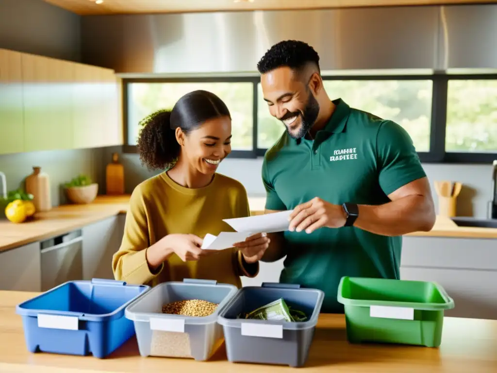 Una familia diversa trabaja unida en una cocina moderna, separando distintos materiales reciclables en contenedores etiquetados