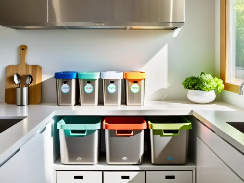 Una familia disfruta de estrategias lúdicas para reciclaje hogar en una cocina blanca impecable, con contenedores coloridos bajo el fregadero