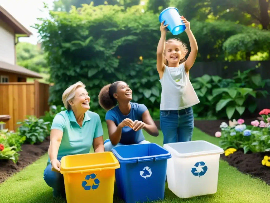 Una familia disfruta de estrategias lúdicas para reciclaje hogar entre la exuberante vegetación de su jardín, fomentando hábitos ecofriendly