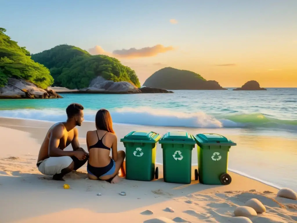 Una familia feliz practica el reciclaje en vacaciones fuera de casa en una playa serena al atardecer, promoviendo la sostenibilidad