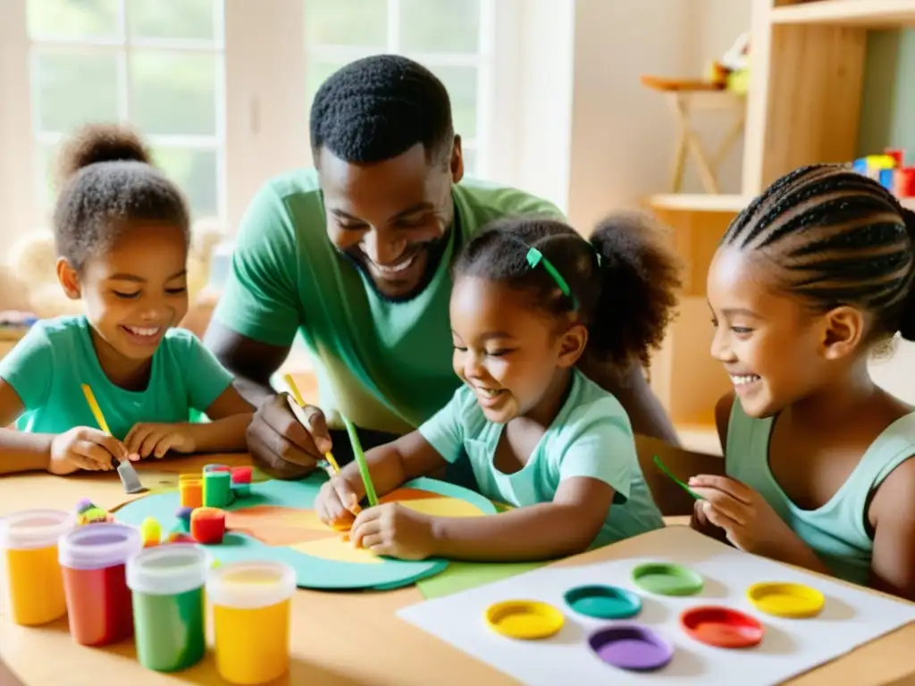 Una familia crea juguetes sostenibles en casa, compartiendo amor y creatividad en un ambiente cálido y luminoso