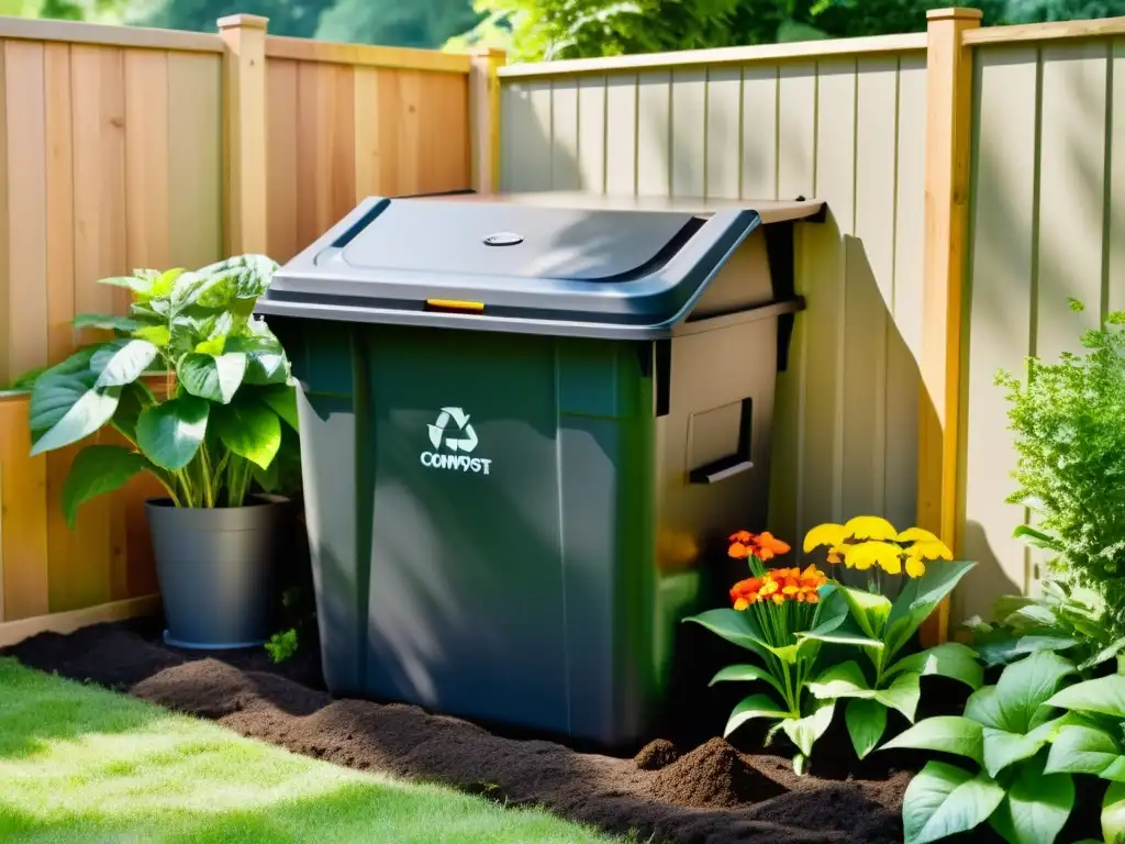 Una familia trabaja junta en un jardín soleado, añadiendo desechos de cocina y jardín a un compostador