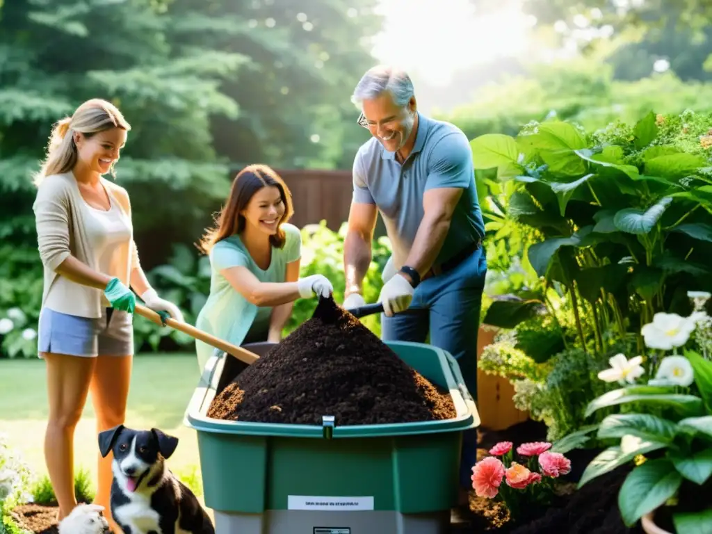 Una familia trabaja junta en su jardín, girando un montón de compost rodeado de exuberantes plantas y flores