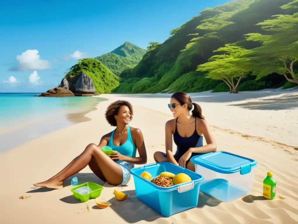 Familia disfrutando un picnic eco-friendly en la playa, promoviendo el reciclaje en vacaciones fuera de casa