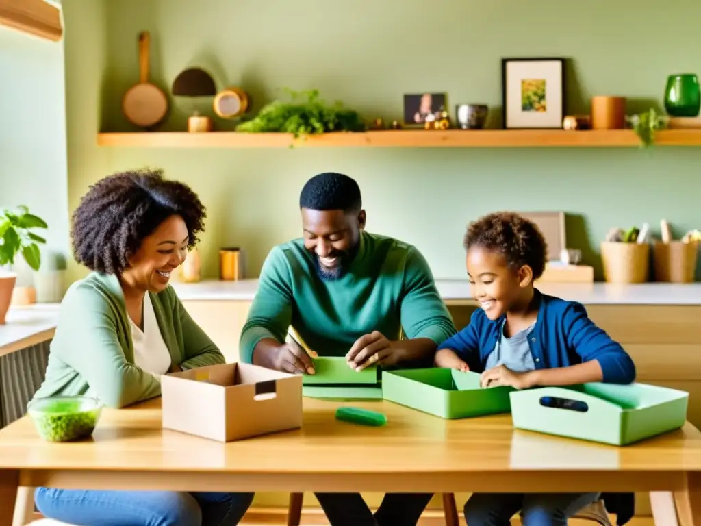 Una familia colabora en proyectos de reciclaje creativo, disfrutando de unión y sostenibilidad