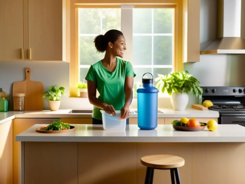 Una familia separa residuos reciclables en casa, iluminados por la luz natural