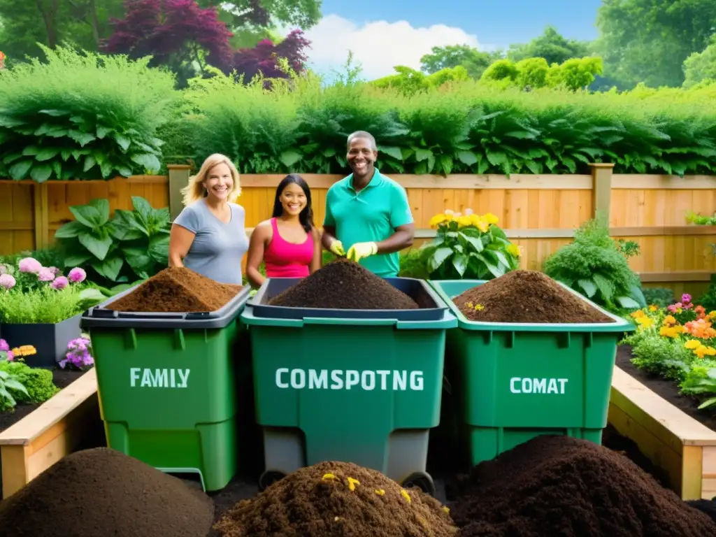 Una familia sonriente compostando en su jardín, con autoridades locales apoyando el proceso de compostaje en el hogar