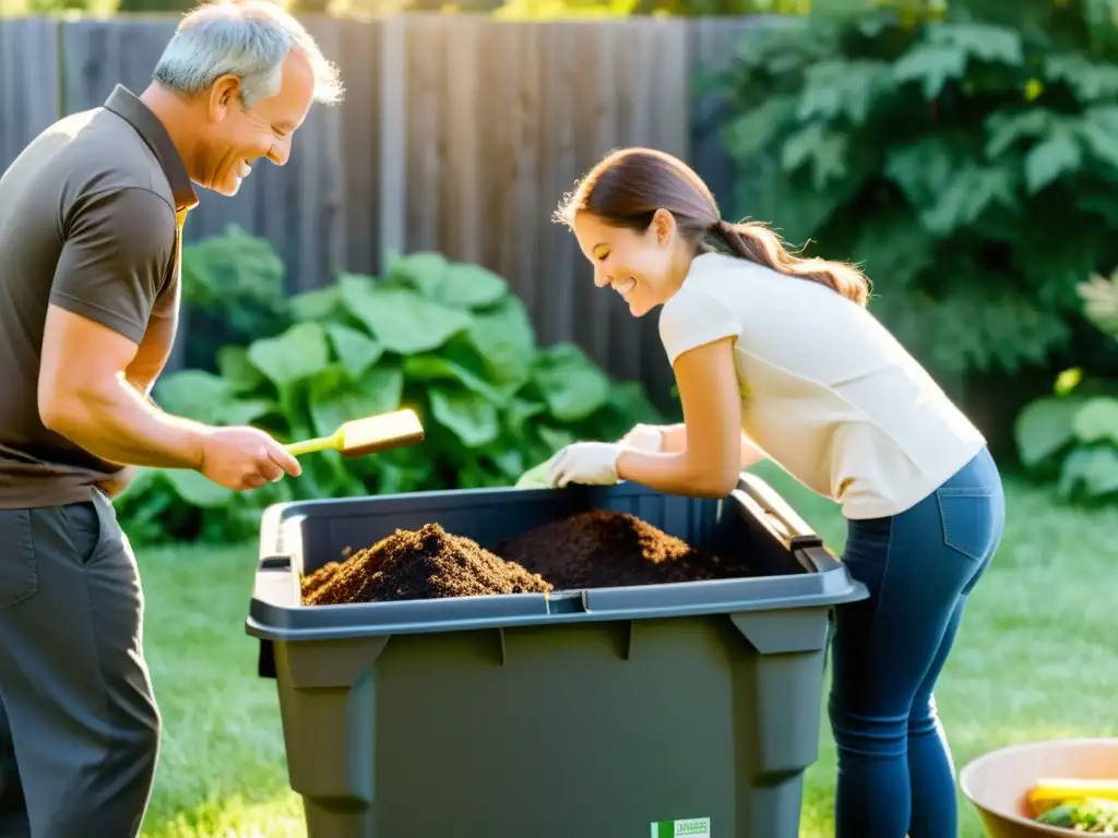 Una familia sonriente recicla en casa, creando compost bajo el sol