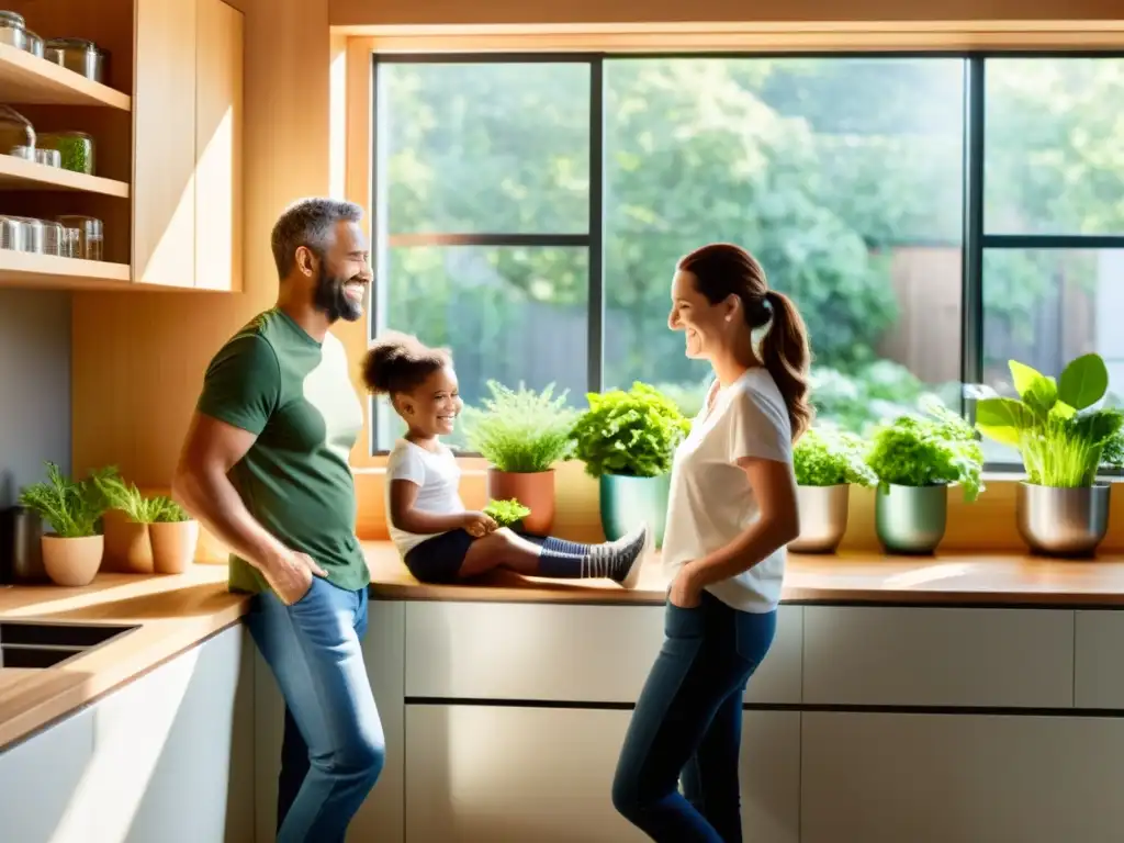 Una familia sonriente prepara comida en su cocina ecológica y organizada, con contenedores separados para compostaje, reciclaje y basura