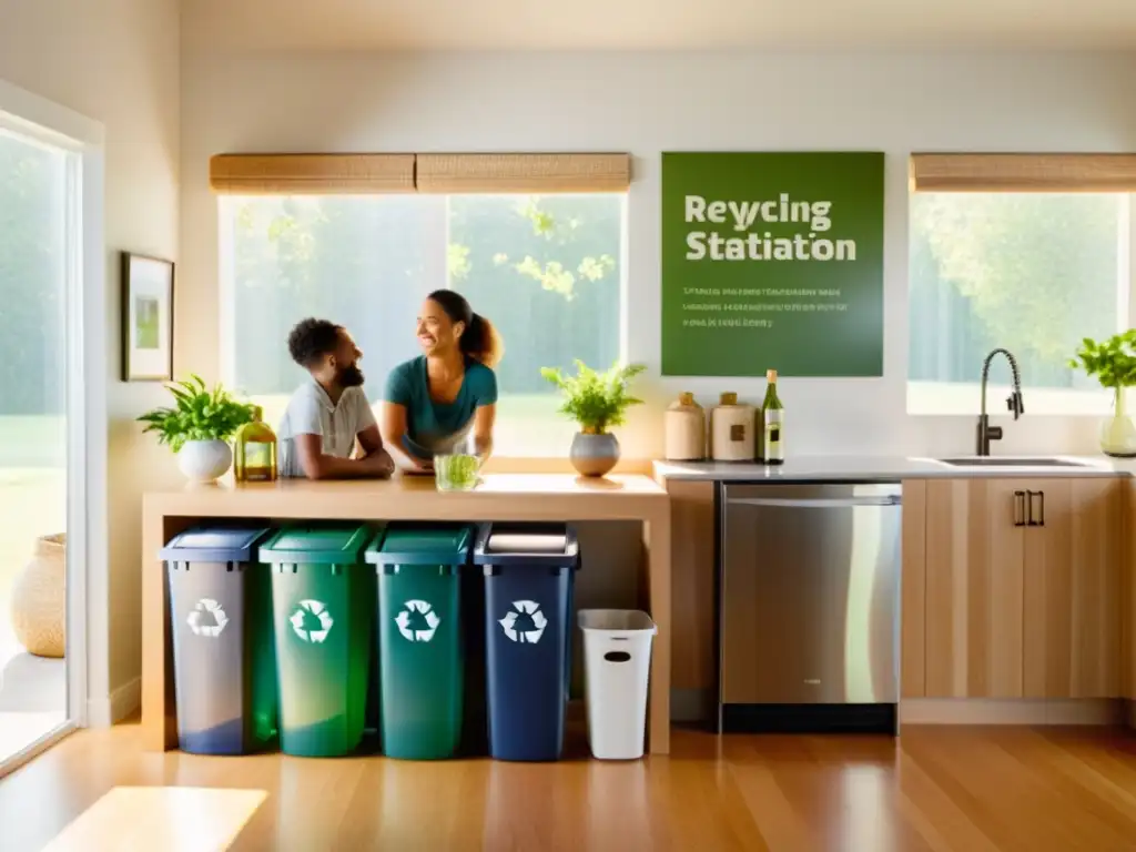 Una familia sonriente organiza su estación de reciclaje en casa, promoviendo el impacto del hogar sostenible