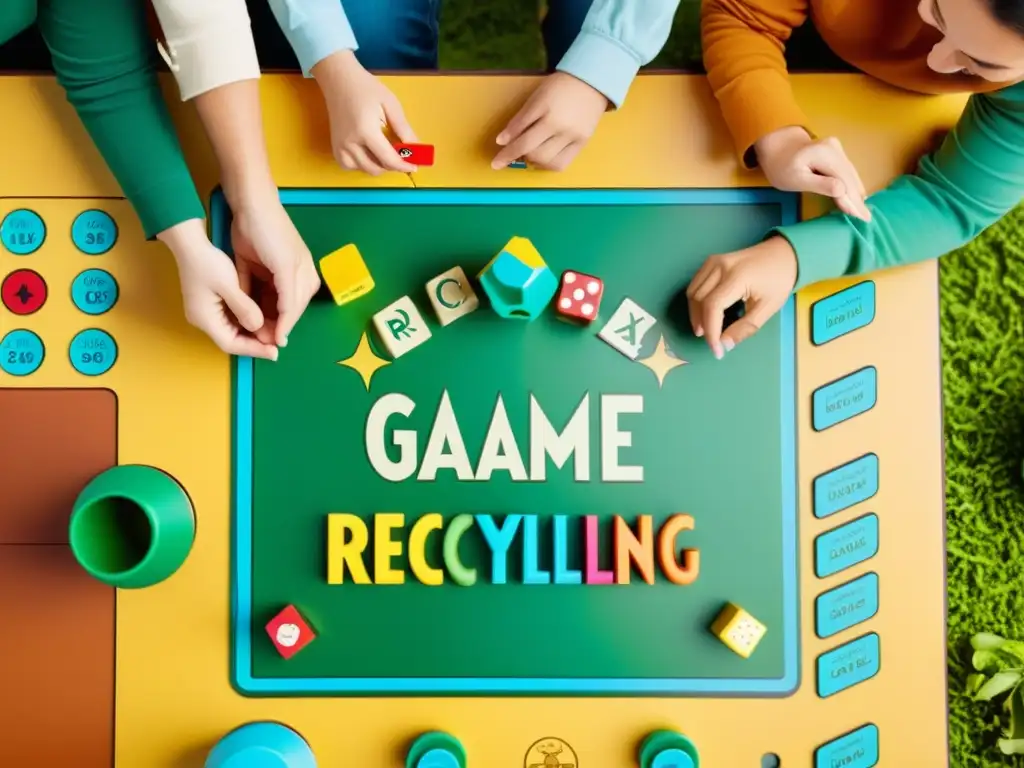 Una familia sonriente disfruta de un juego de mesa sobre reciclaje en un entorno ecoamigable