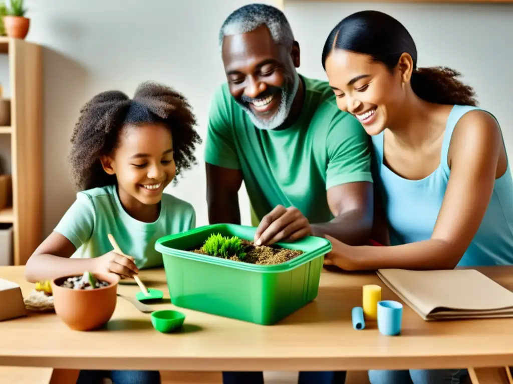 Una familia sonriente se reúne alrededor de una mesa, trabajando en proyectos de reciclaje creativo familiar, creando un ambiente cálido y ecoamigable