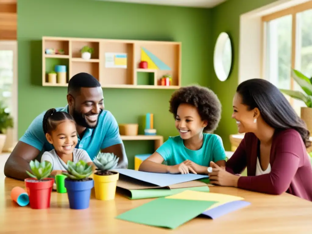 Una familia sonriente disfruta de un proyecto de reciclaje creativo en una mesa llena de materiales coloridos, en un entorno ecológico