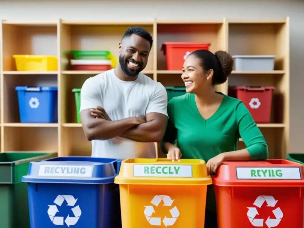 Una familia sonriente clasifica sus residuos en contenedores de reciclaje, demostrando prácticas sostenibles en el hogar