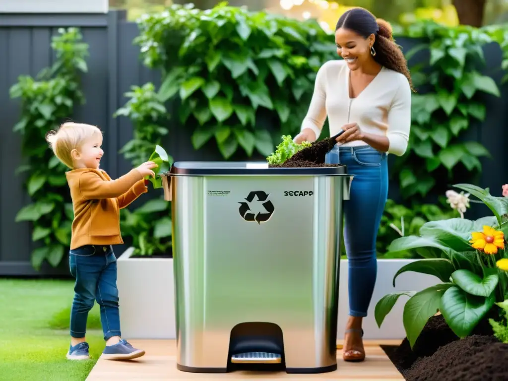 Una familia sonriente vierte restos de comida en un moderno contenedor de compostaje