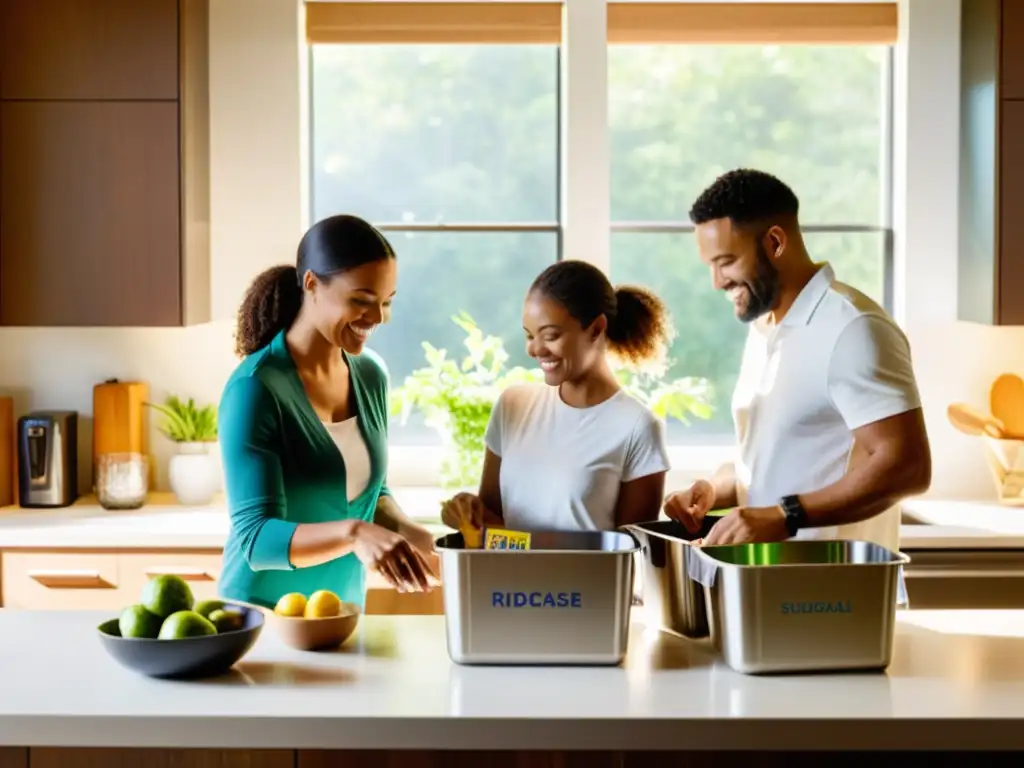 Una familia unida en la cocina, clasificando reciclables con etiquetas claras