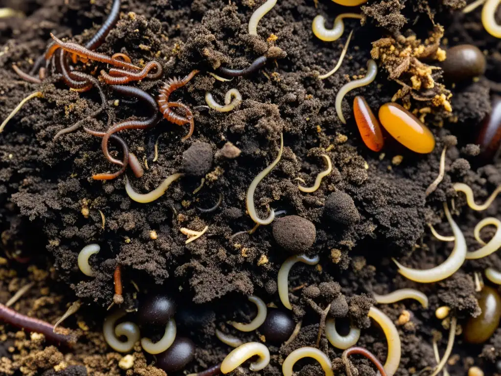 Fases de descomposición orgánica en compostaje: imagen detallada de compost oscuro rebosante de vida, con lombrices y microorganismos