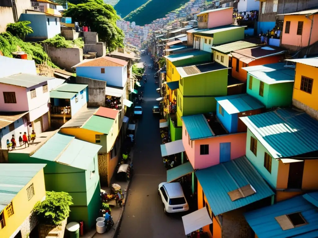 Una favela bulliciosa en Brasil, con casas coloridas y estrechos callejones