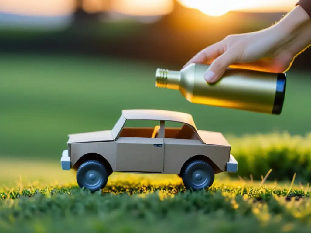 Niño feliz jugando con un coche de juguete artesanal hecho de materiales reciclados, bajo la cálida luz del atardecer