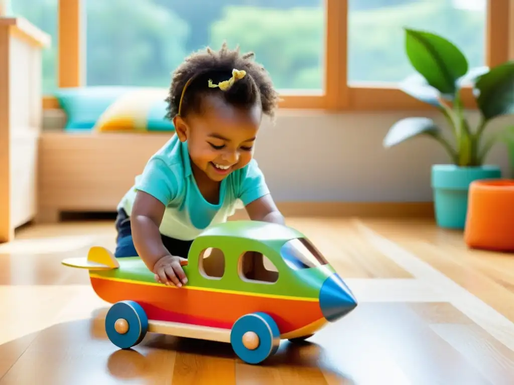 Niño feliz jugando con juguete ecológico reciclado en casa luminosa y acogedora, rodeado de plantas