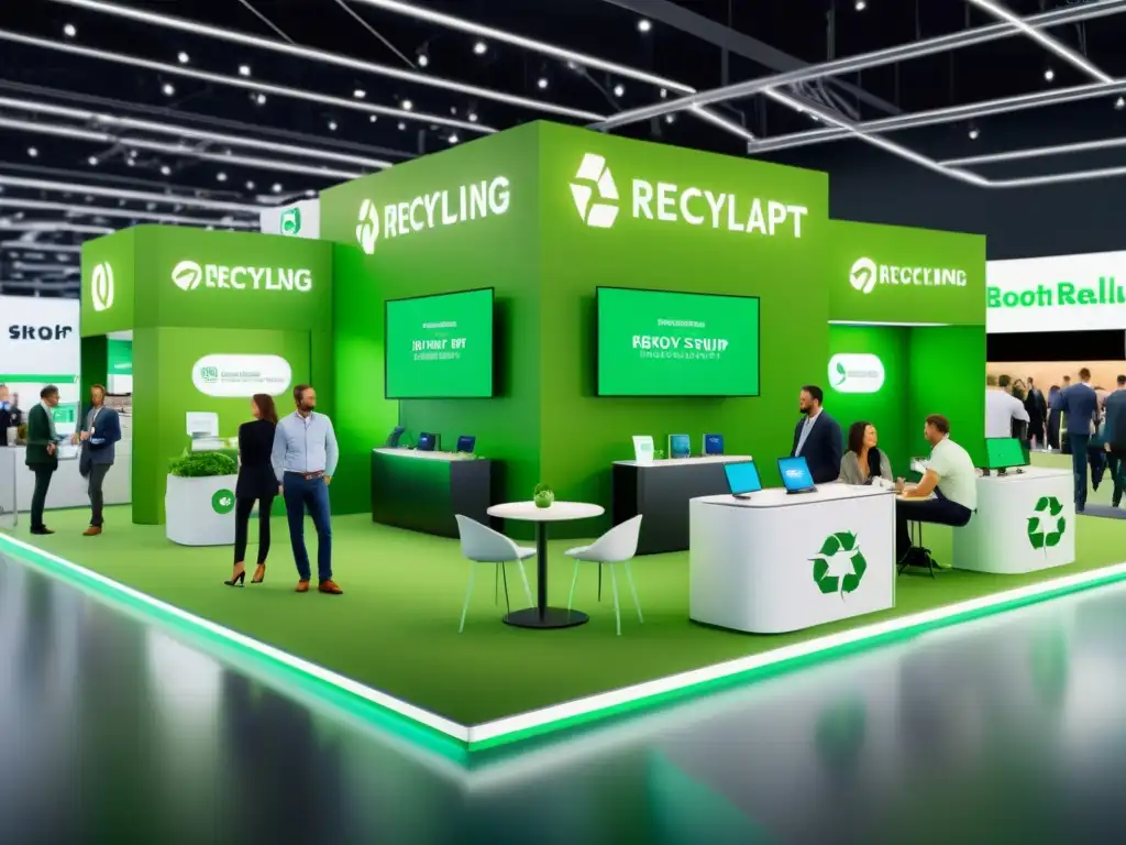 Ferias para startups de reciclaje: Imagen minimalista de un bullicioso piso de feria con innovadoras empresas de reciclaje