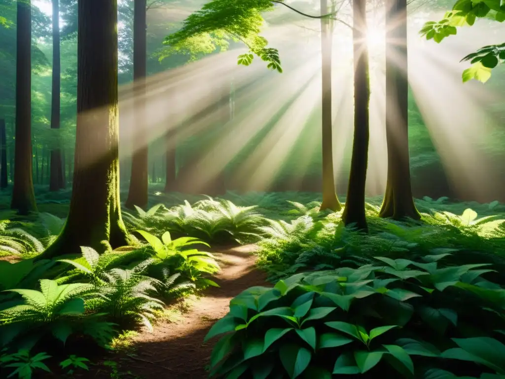 Fondo de inversión verde rentable: bosque exuberante con luz solar filtrándose entre las hojas, creando sombras y una escena serena y armoniosa