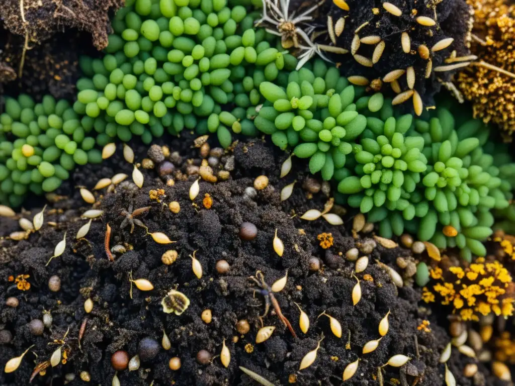 Una fotografía detallada muestra el impacto del compost en agricultura, con una red de materia orgánica en descomposición, insectos y microorganismos