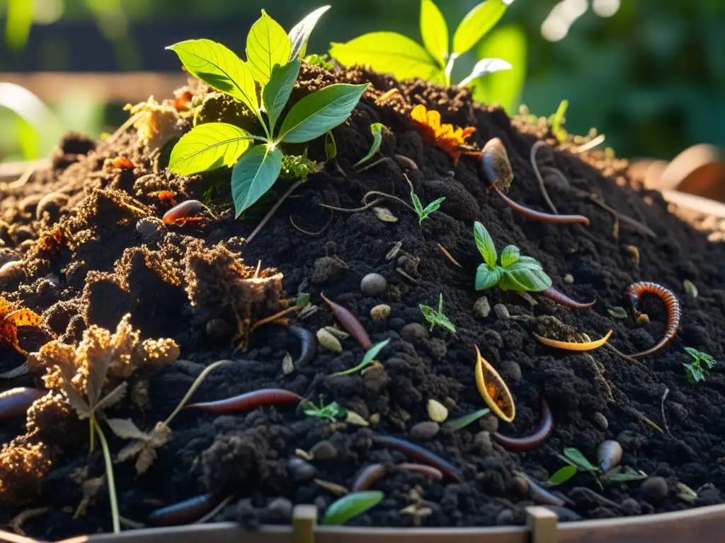 Una fotografía detallada muestra un montón de compost en un jardín, con capas de desechos orgánicos, hojas y lombrices