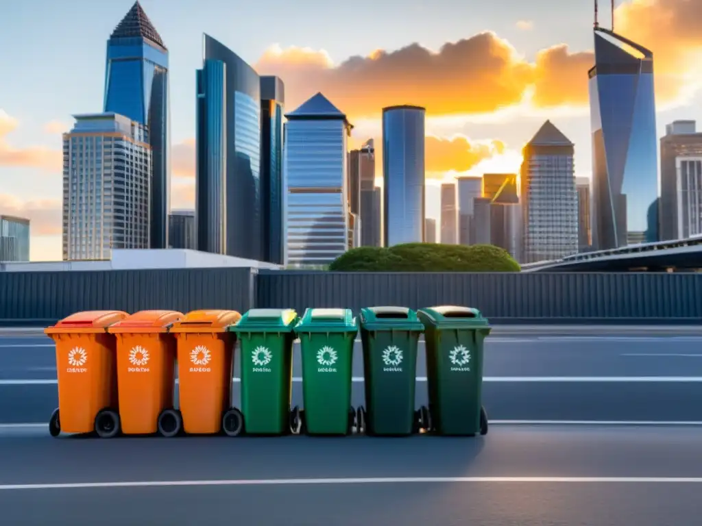 Franquicia de reciclaje sostenible: Atardecer en la ciudad, gente reciclando entre rascacielos mientras un camión recolector vacía un contenedor