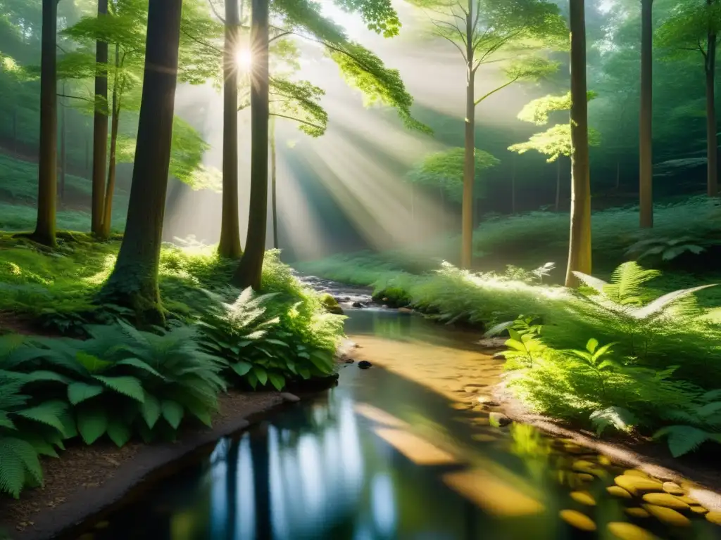 Franquicia de reciclaje sostenible: Bosque sereno y soleado con árboles majestuosos, vegetación exuberante y un arroyo tranquilo