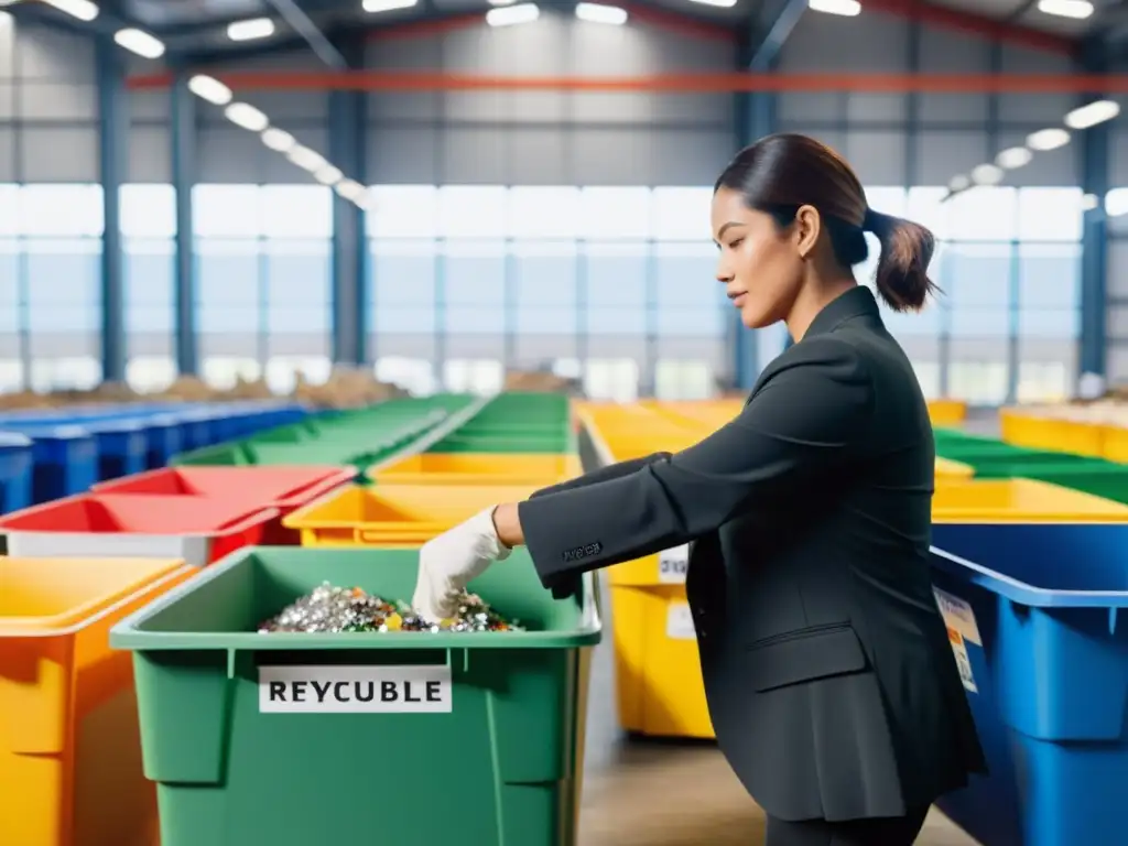 Un franquiciado ideal en un moderno centro de reciclaje, clasificando materiales con determinación bajo la luz natural