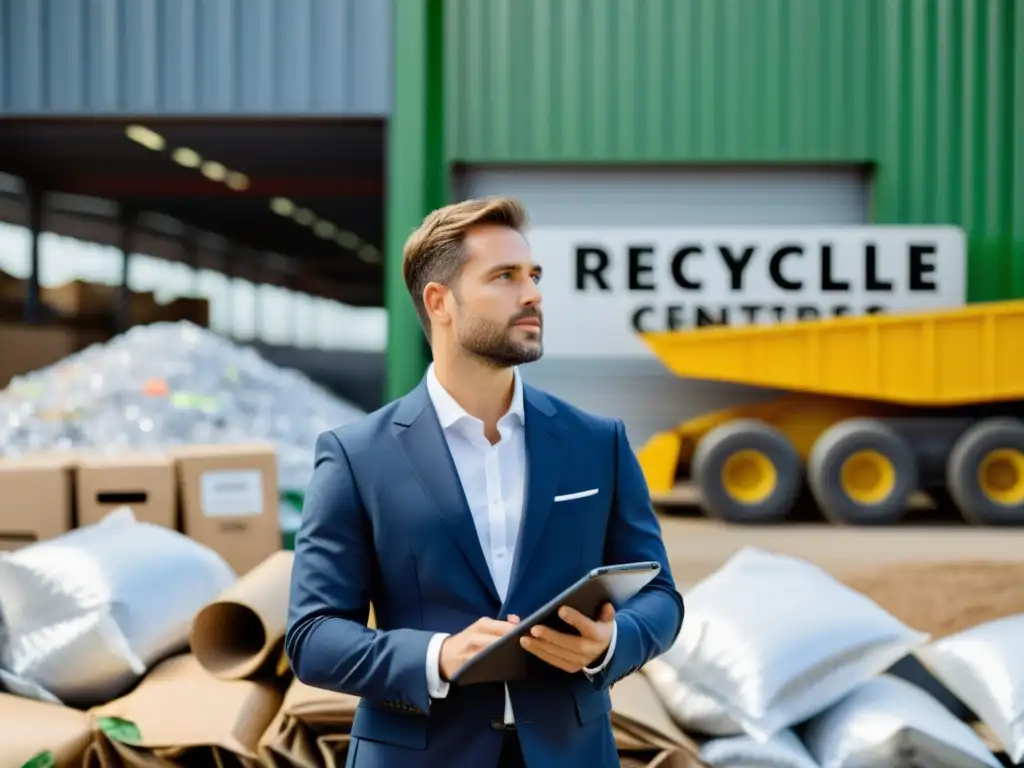 Un franquiciado ideal en el negocio del reciclaje, profesional y reflexivo frente a un centro de reciclaje moderno y eficiente