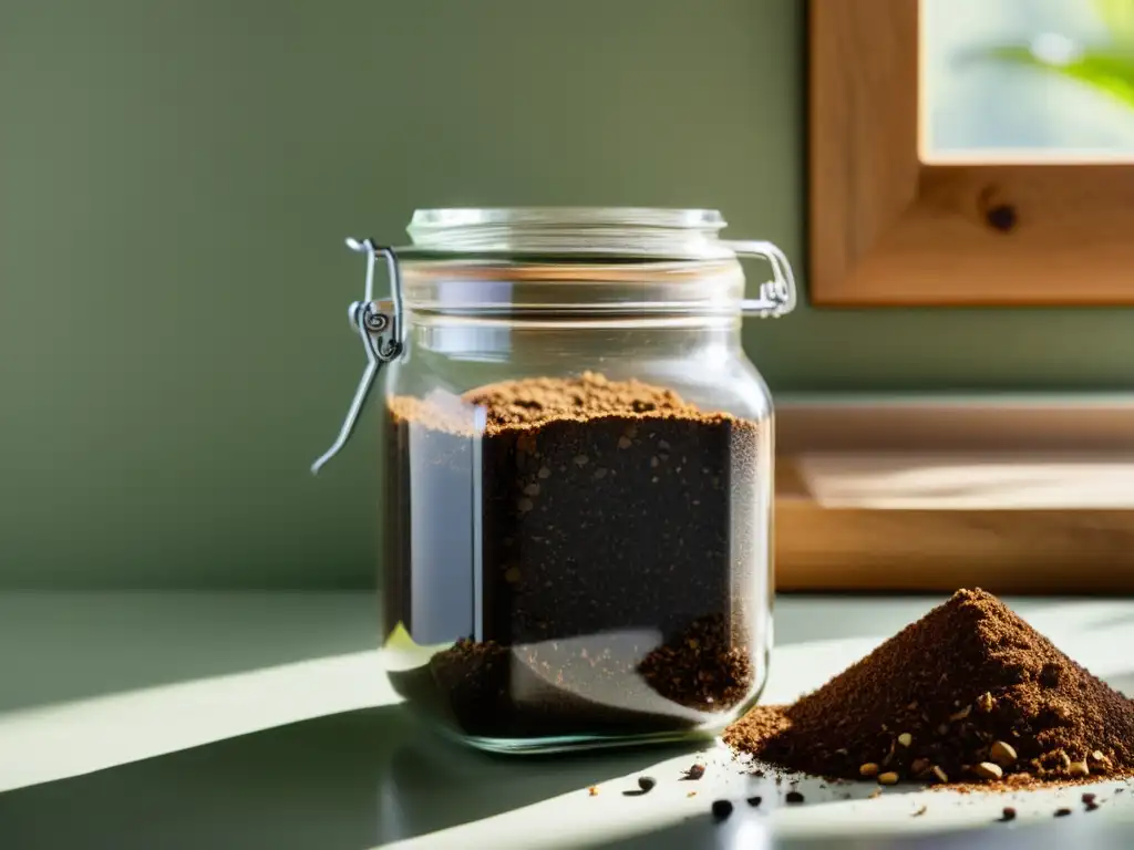 Un frasco de vidrio lleno de posos de café y materiales orgánicos en la encimera de la cocina, iluminado por la suave luz matutina