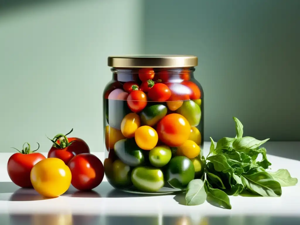 Tarro de vidrio reutilizable con vegetales frescos Un frasco de vidrio reutilizable lleno de productos frescos y coloridos, iluminado suavemente