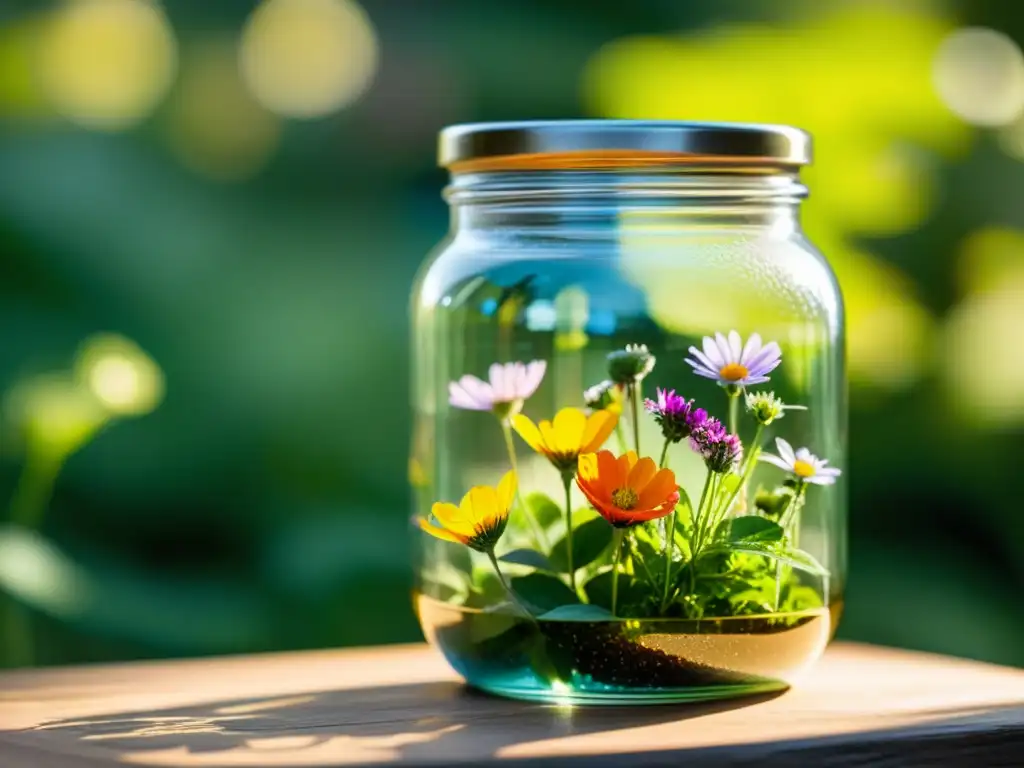 Un frasco de vidrio transparente reutilizado como florero, lleno de hermosas flores silvestres y vegetación colorida