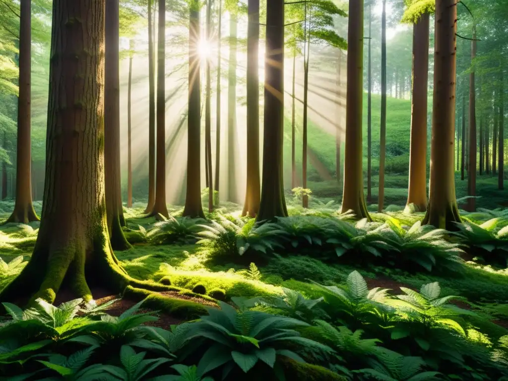 Un frondoso bosque verde con rayos de sol filtrándose entre las hojas, creando sombras moteadas en el suelo