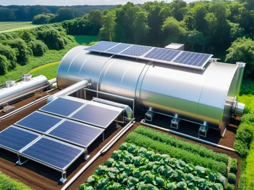 Instalación futurista de compostaje con maquinaria metálica y avanzados sistemas de filtración, rodeada de exuberante vegetación