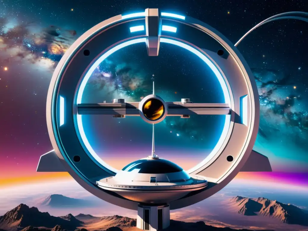 Estación espacial futurista en el cosmos Un futurista espacio reciclaje temática espacial, con estación espacial y vista al cosmos, evocando innovación y exploración