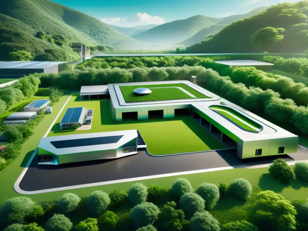 Instalación futurista de reciclaje de electrónicos sostenible rodeada de vegetación exuberante