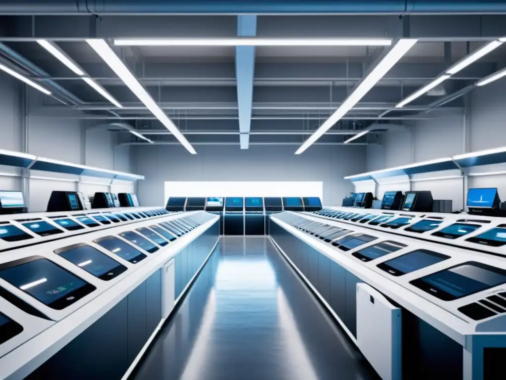 Instalación futurista de reciclaje de electrónicos sostenible con maquinaria avanzada y diseño eficiente, iluminada de forma suave y futurista