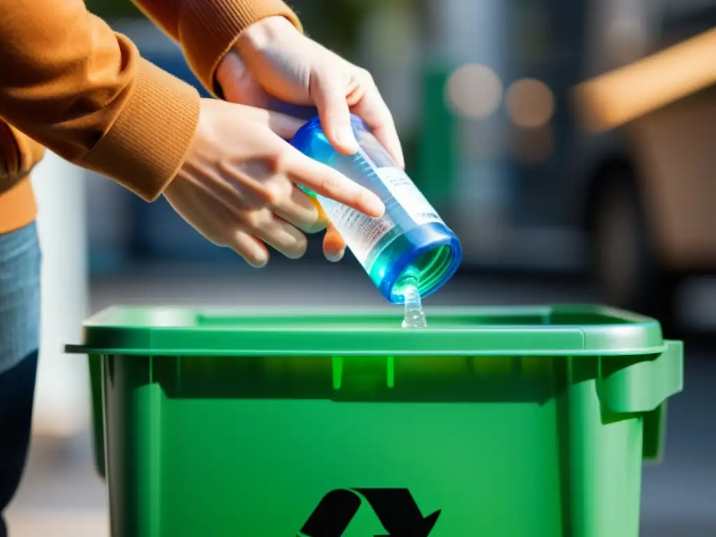 Un gesto de sostenibilidad: una mano coloca una botella de plástico en un contenedor de reciclaje