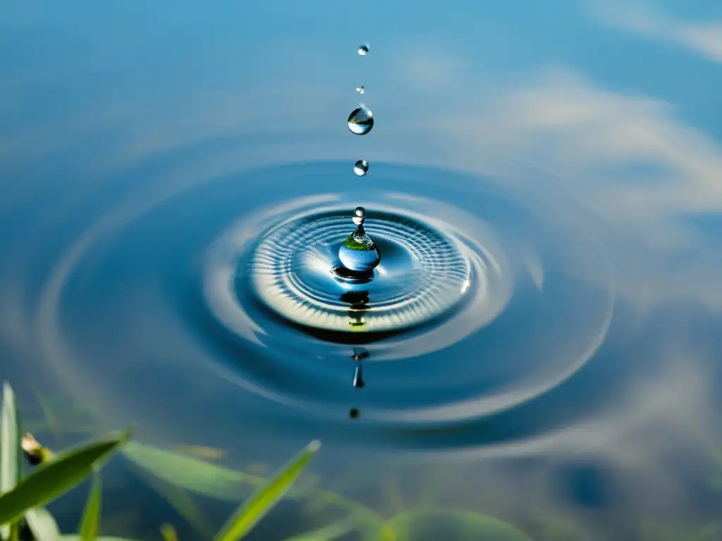 Una gota de agua crea círculos en un tranquilo estanque, reflejando la exuberante naturaleza y el cielo azul