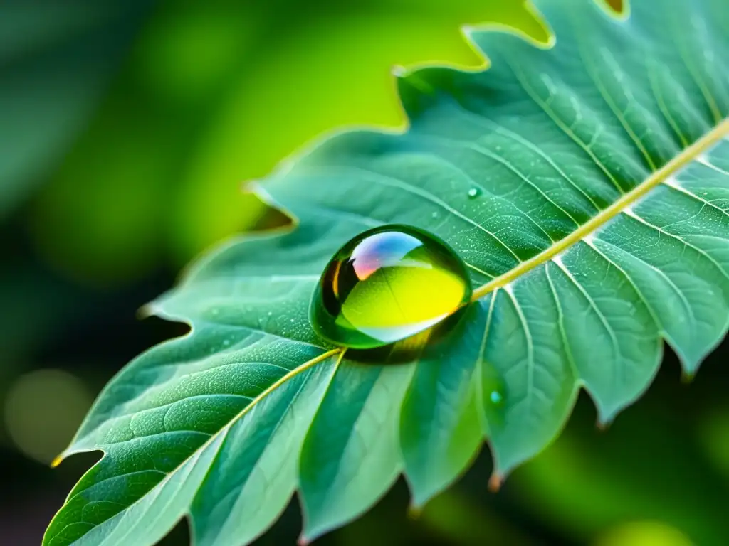 Una gota de agua sobre una hoja verde, con luz reflejada, testimonio de vida sostenible y cambio